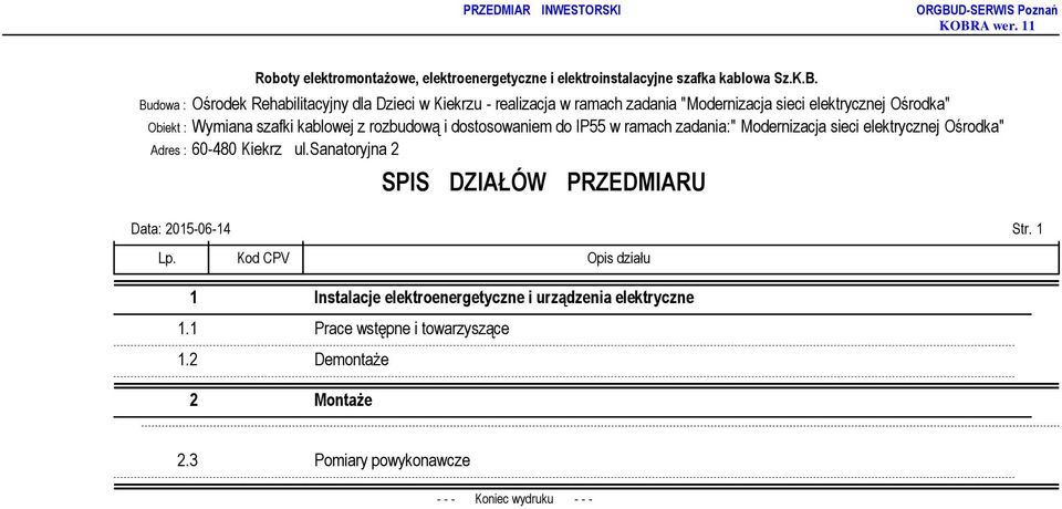 elektrycznej Ośrodka" SPIS DZIAŁÓW PRZEDMIARU Data: 2015-06-14 Str. 1 Lp.