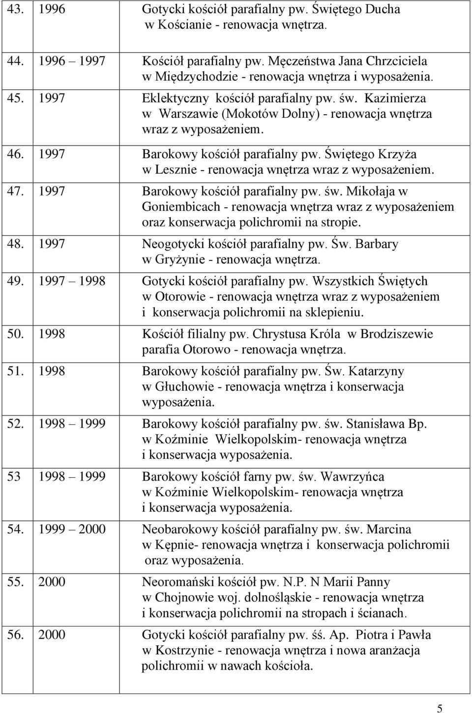 Kazimierza w Warszawie (Mokotów Dolny) - renowacja wnętrza wraz z wyposażeniem. 46. 1997 Barokowy kościół parafialny pw. Świętego Krzyża w Lesznie - renowacja wnętrza wraz z wyposażeniem. 47.