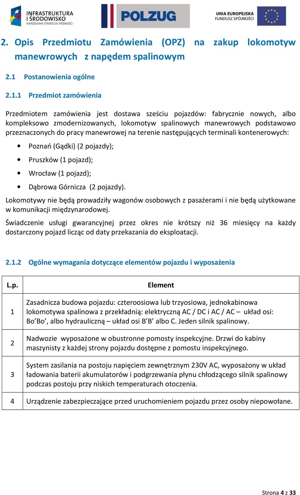 1 Przedmiot zamówienia Przedmiotem zamówienia jest dostawa sześciu pojazdów: fabrycznie nowych, albo kompleksowo zmodernizowanych, lokomotyw spalinowych manewrowych podstawowo przeznaczonych do pracy