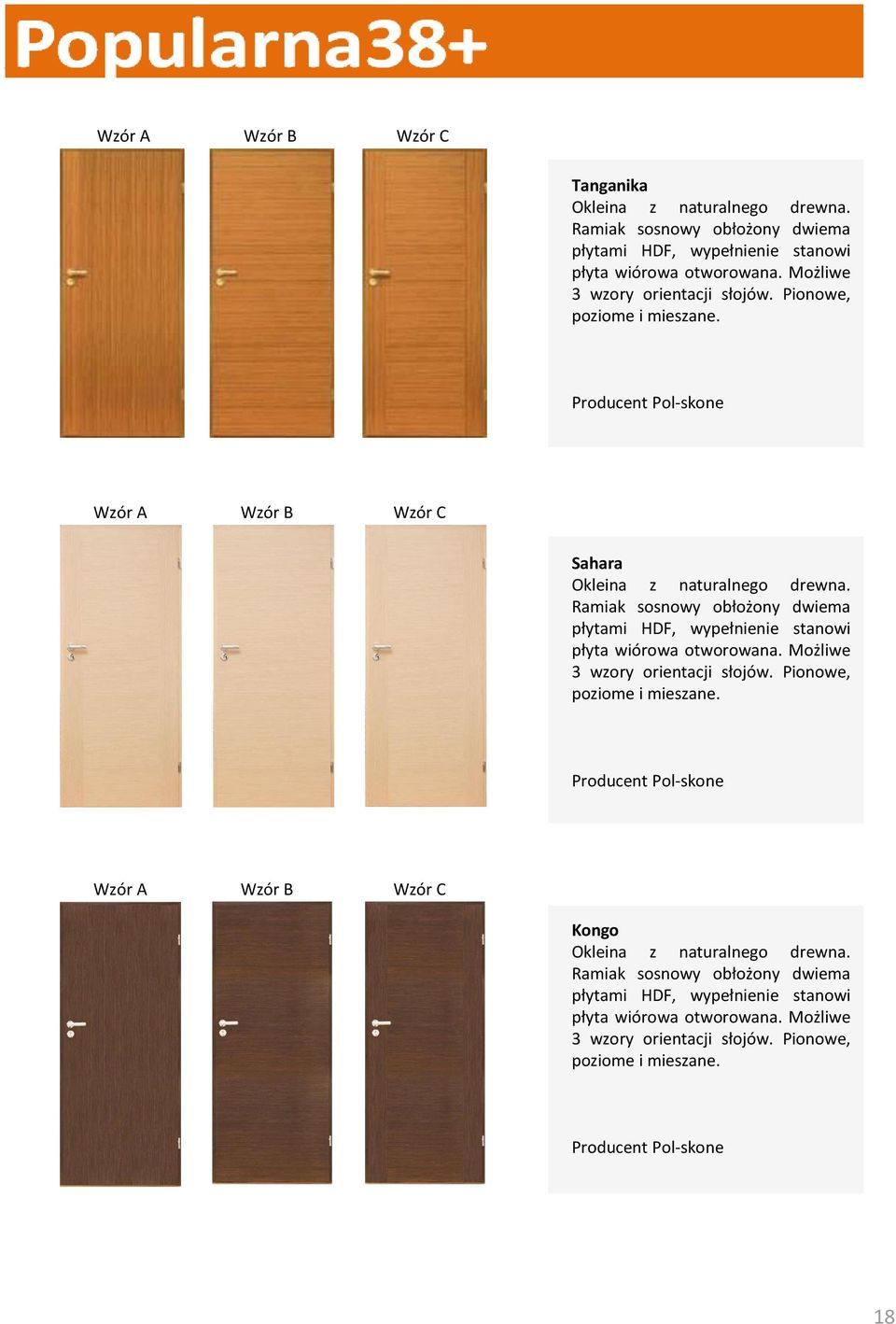 Ramiak sosnowy obłożony dwiema płytami HDF, wypełnienie stanowi płyta wiórowa otworowana. Możliwe 3 wzory orientacji słojów. Pionowe, poziome i mieszane.