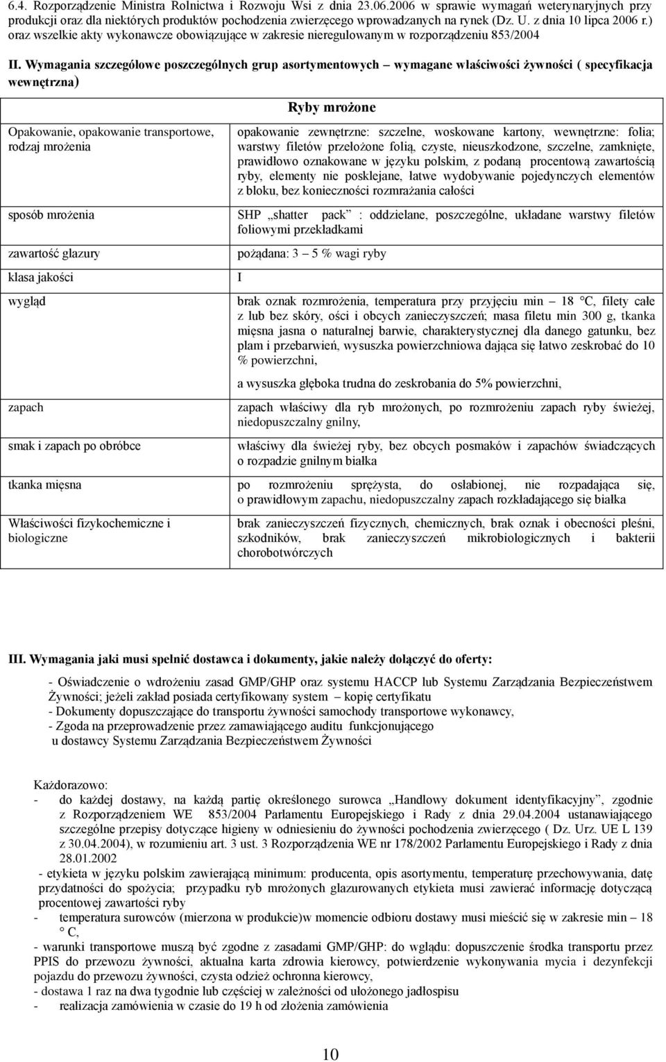 ) oraz wszelkie akty wykonawcze obowiązujące w zakresie nieregulowanym w rozporządzeniu 853/2004 II.