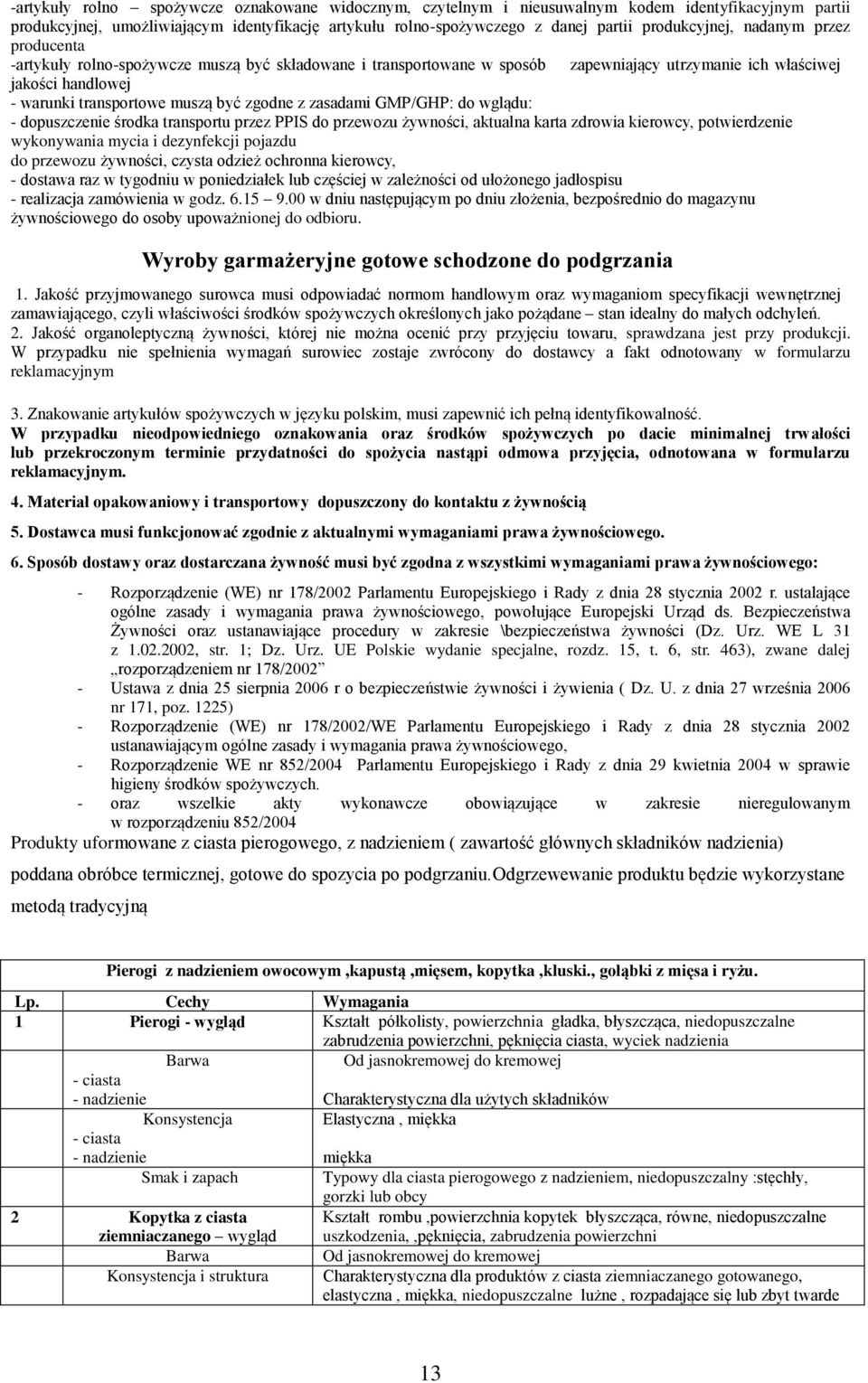 być zgodne z zasadami GMP/GHP: do wglądu: - dopuszczenie środka transportu przez PPIS do przewozu żywności, aktualna karta zdrowia kierowcy, potwierdzenie wykonywania mycia i dezynfekcji pojazdu do