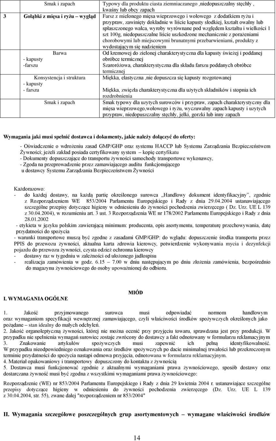 porażeniami chorobowymi lub miejscowymi brunatnymi przebarwieniami, produkty z wydostającym się nadzieniem - kapusty -farszu Barwa Konsystencja i struktura - kapusty - farszu Smak i Od kremowej do