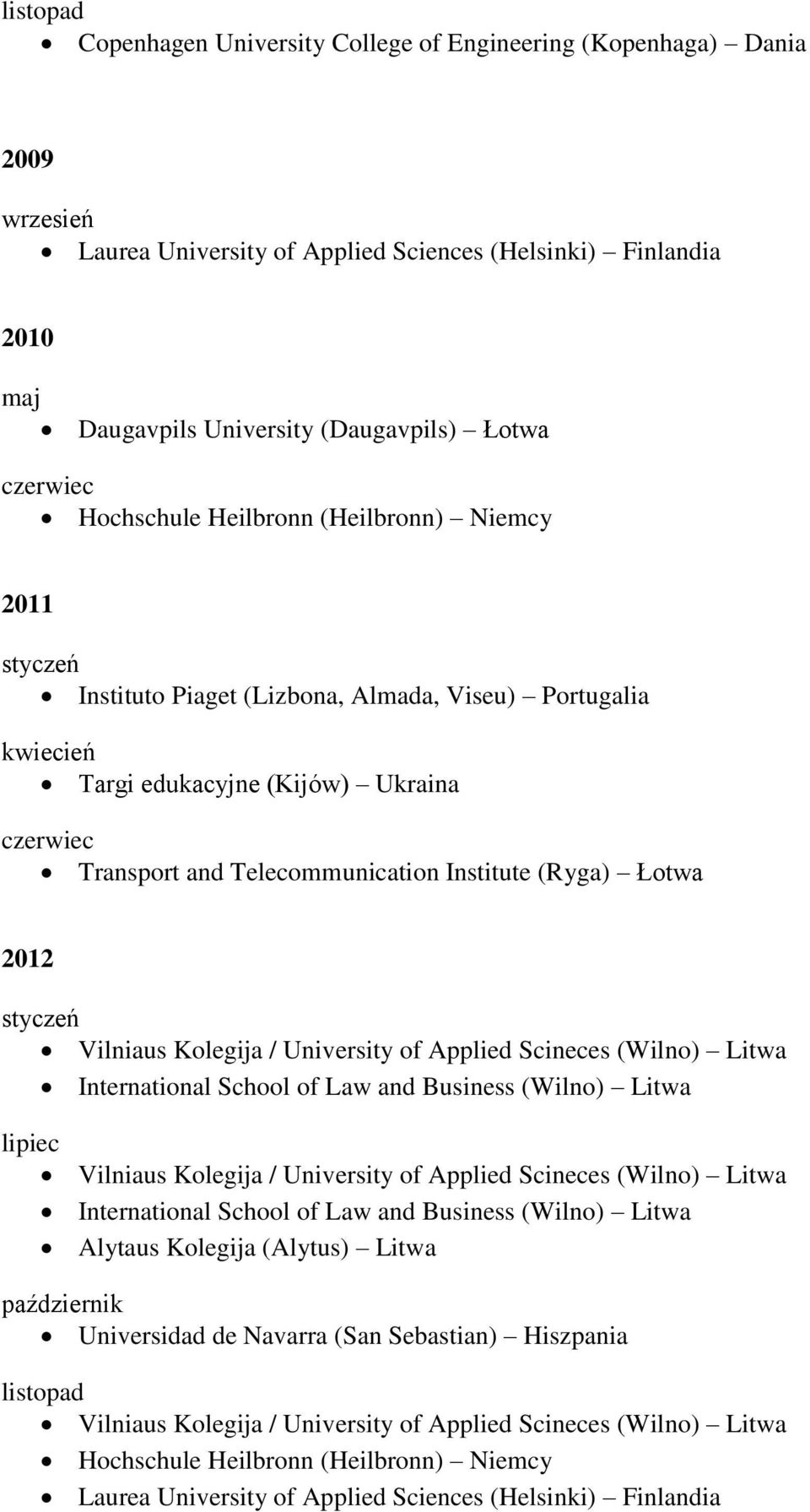 kwiecień Targi edukacyjne (Kijów) Ukraina czerwiec Transport and Telecommunication Institute (Ryga) Łotwa 2012 styczeń lipiec Alytaus Kolegija (Alytus) Litwa