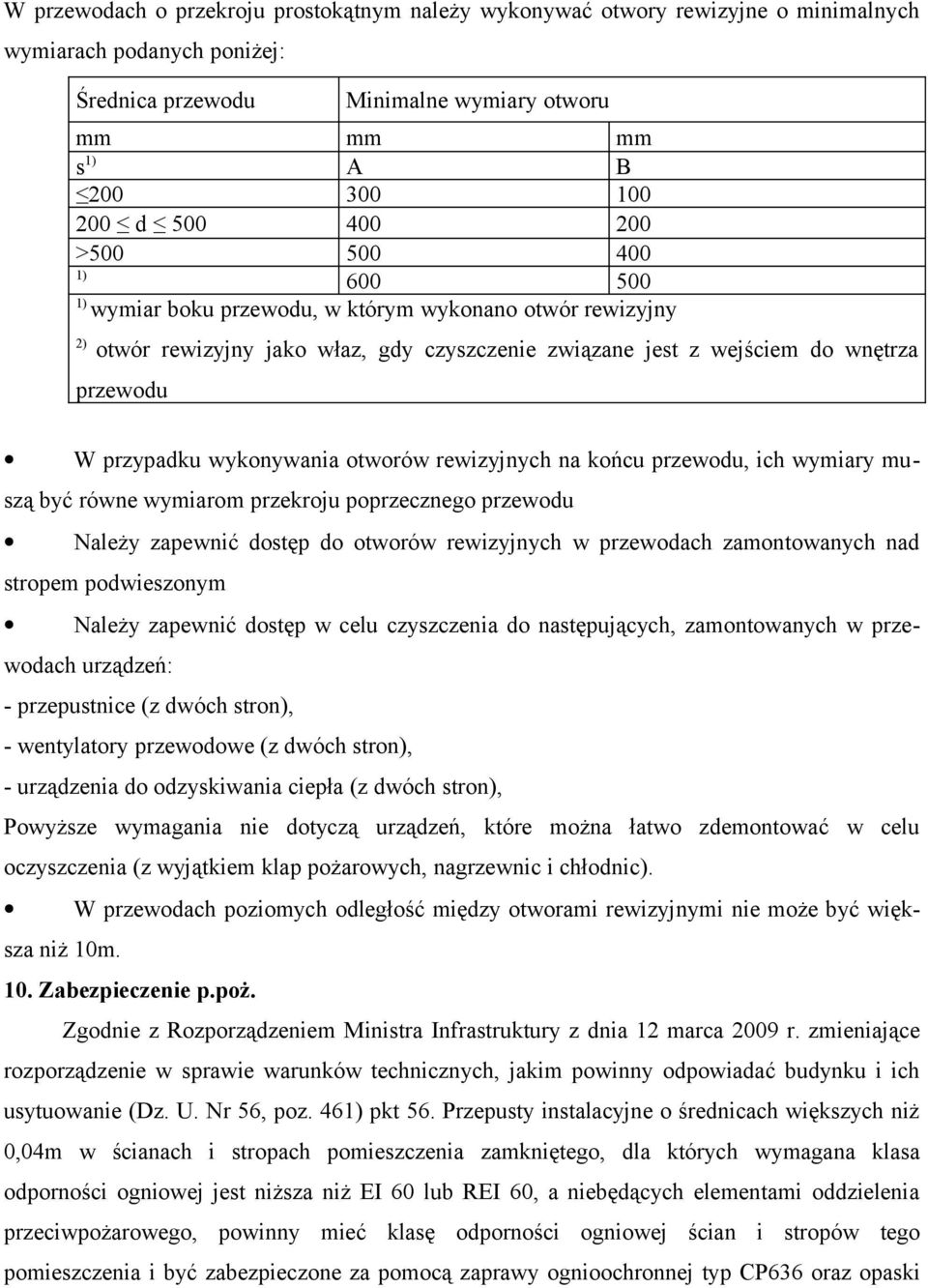 wykonywania otworów rewizyjnych na końcu przewodu, ich wymiary muszą być równe wymiarom przekroju poprzecznego przewodu Należy zapewnić dostęp do otworów rewizyjnych w przewodach zamontowanych nad