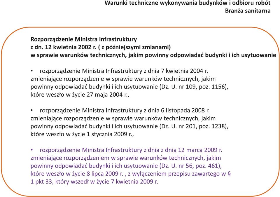 zmieniające rozporządzenie w sprawie warunków technicznych, jakim powinny odpowiadać budynki i ich usytuowanie (Dz. U. nr 109, poz. 1156), które weszło w życie 27 maja 2004 r.