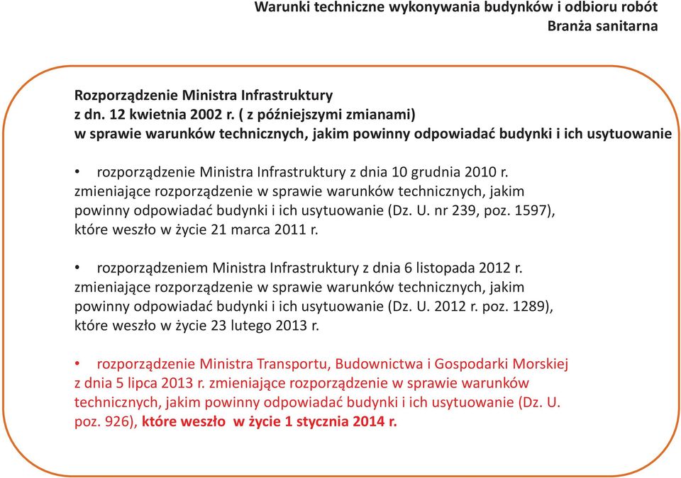 zmieniające rozporządzenie w sprawie warunków technicznych, jakim powinny odpowiadać budynki i ich usytuowanie (Dz. U. nr 239, poz. 1597), które weszło w życie 21 marca 2011 r.