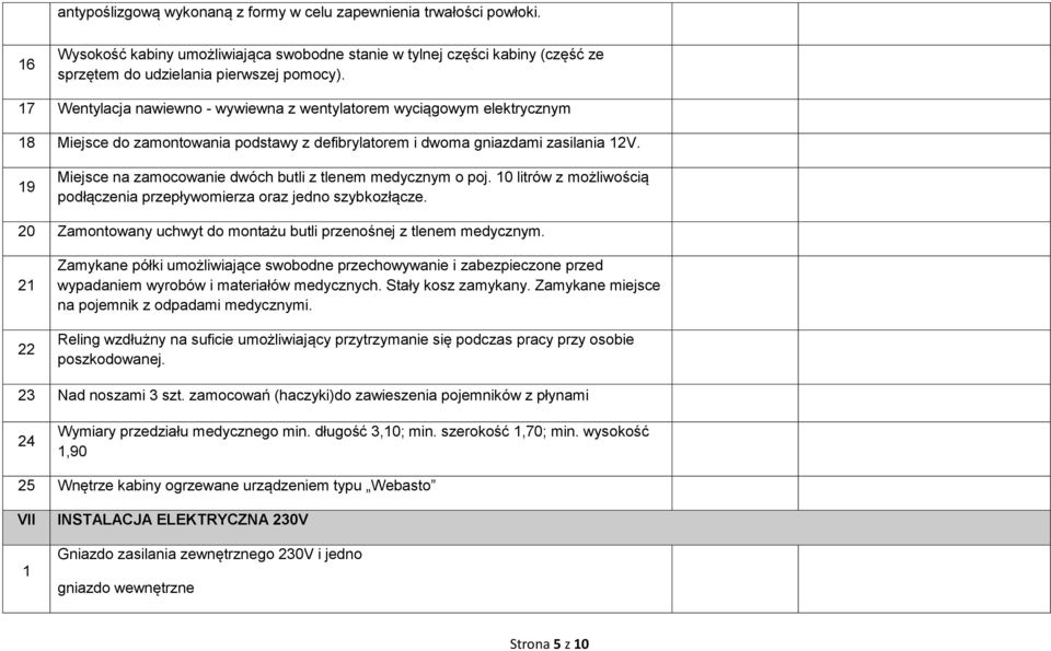 9 Miejsce na zamocowanie dwóch butli z tlenem medycznym o poj. 0 litrów z możliwością podłączenia przepływomierza oraz jedno szybkozłącze.