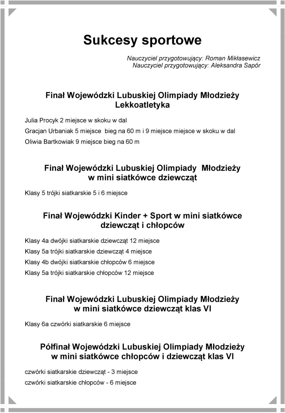 5 trójki siatkarskie 5 i 6 miejsce Finał Wojewódzki Kinder + Sport w mini siatkówce dziewcząt i chłopców Klasy 4a dwójki siatkarskie dziewcząt 12 miejsce Klasy 5a trójki siatkarskie dziewcząt 4