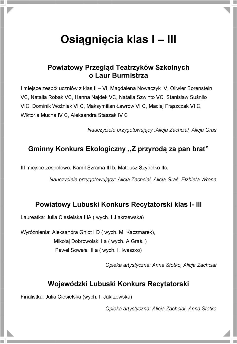 Zachciał, Alicja Gras Gminny Konkurs Ekologiczny,,Z przyrodą za pan brat III miejsce zespołowo: Kamil Szrama III b, Mateusz Szydełko IIc.