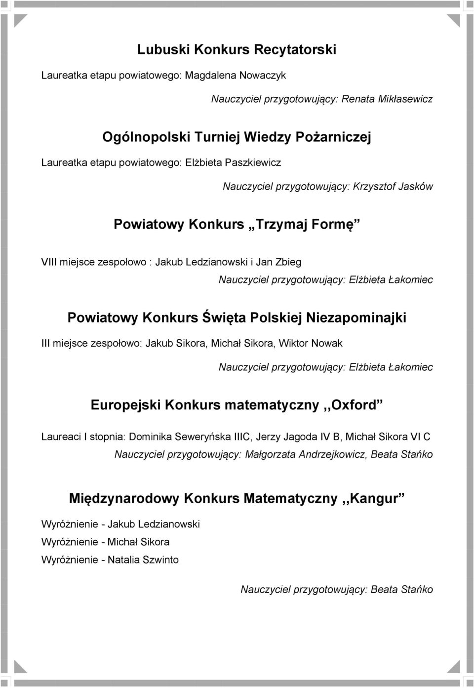 Powiatowy Konkurs Święta Polskiej Niezapominajki III miejsce zespołowo: Jakub Sikora, Michał Sikora, Wiktor Nowak Nauczyciel przygotowujący: Elżbieta Łakomiec Europejski Konkurs matematyczny,,oxford