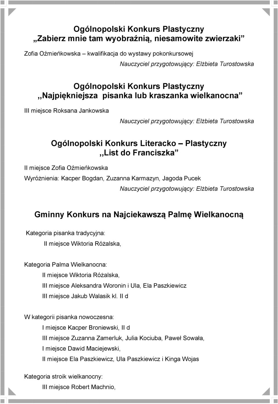 Plastyczny,,List do Franciszka II miejsce Zofia Oźmieńkowska Wyróżnienia: Kacper Bogdan, Zuzanna Karmazyn, Jagoda Pucek Nauczyciel przygotowujący: Elżbieta Turostowska Gminny Konkurs na Najciekawszą