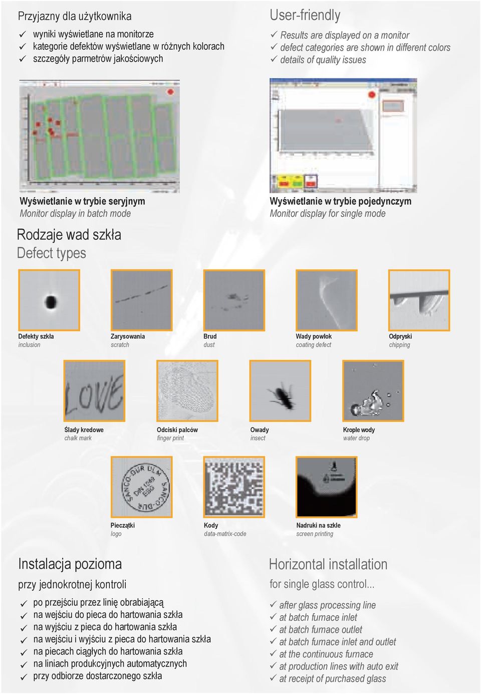 Monitor display for single mode Defekty szkła inclusion Zarysowania scratch Brud dust Wady powłok coating defect Odpryski chipping Ślady kredowe chalk mark Odciski palców finger print Owady insect