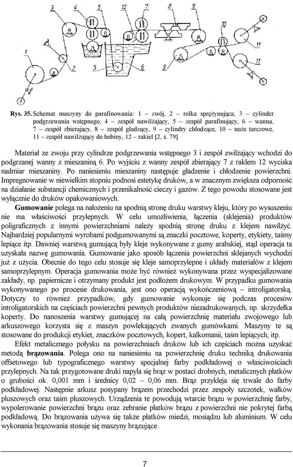 cylindry chłodzące, 10 noże tarczowe, 11 zespół nawilżający do bobiny, 12 rakiel [2, s.