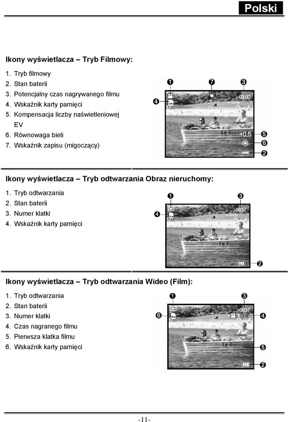 Wskaźnik zapisu (migoczący) Ikony wyświetlacza Tryb odtwarzania Obraz nieruchomy: 1. Tryb odtwarzania 2. Stan baterii 3.