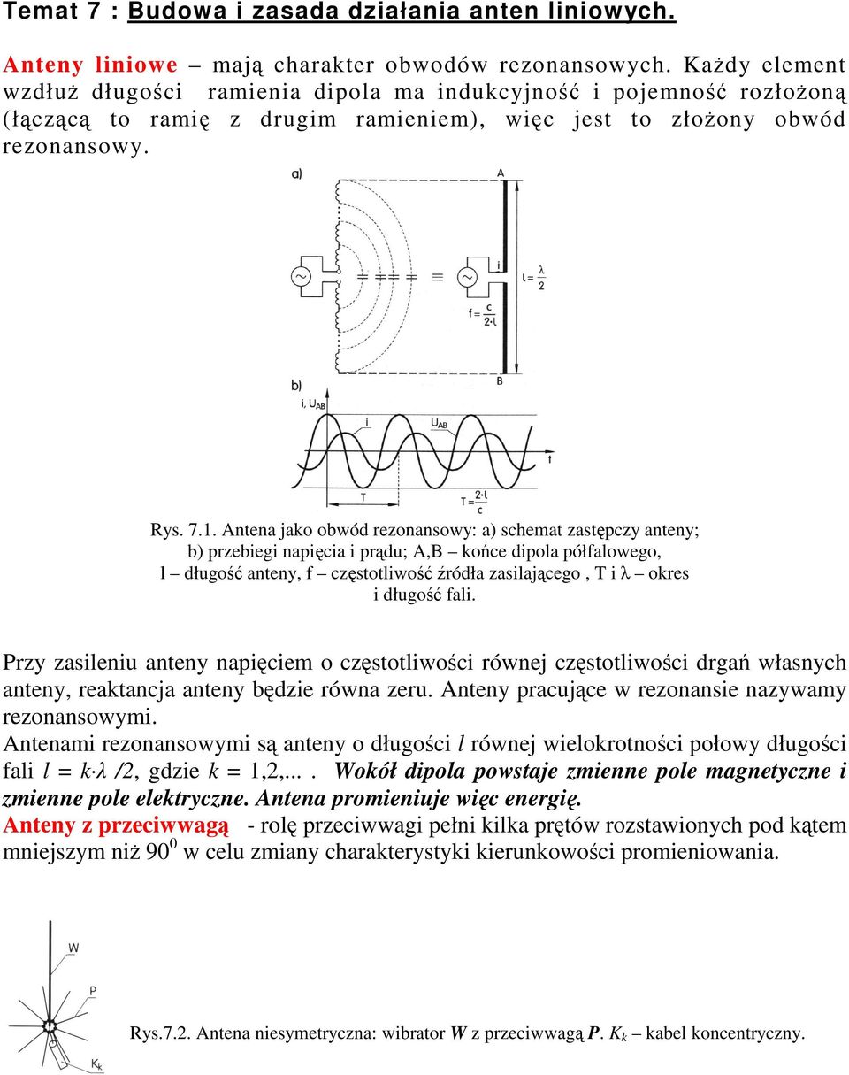 Antena jako obwód rezonansowy: a) schemat zastpczy anteny; b) przebiegi napicia i prdu; A,B koce dipola półfalowego, l długo anteny, f czstotliwo ródła zasilajcego, T i okres i długo fali.