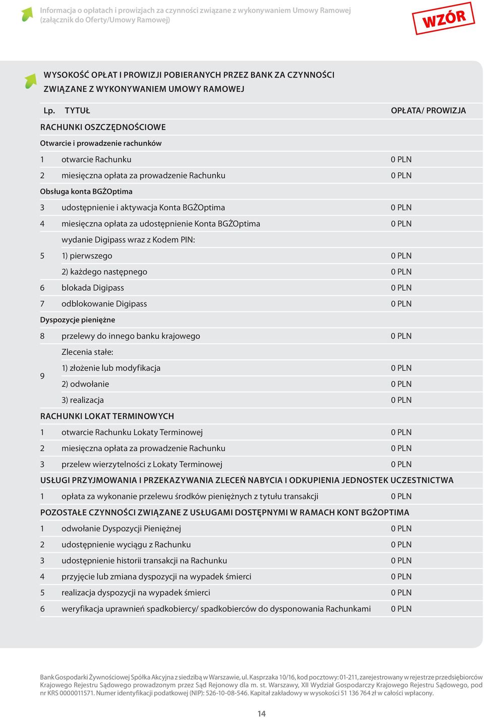 TYTUŁ OPŁATA/ PROWIZJA Rachunki Oszczędnościowe Otwarcie i prowadzenie rachunków 1 otwarcie Rachunku 0 PLN 2 miesięczna opłata za prowadzenie Rachunku 0 PLN Obsługa konta BGŻOptima 3 udostępnienie i