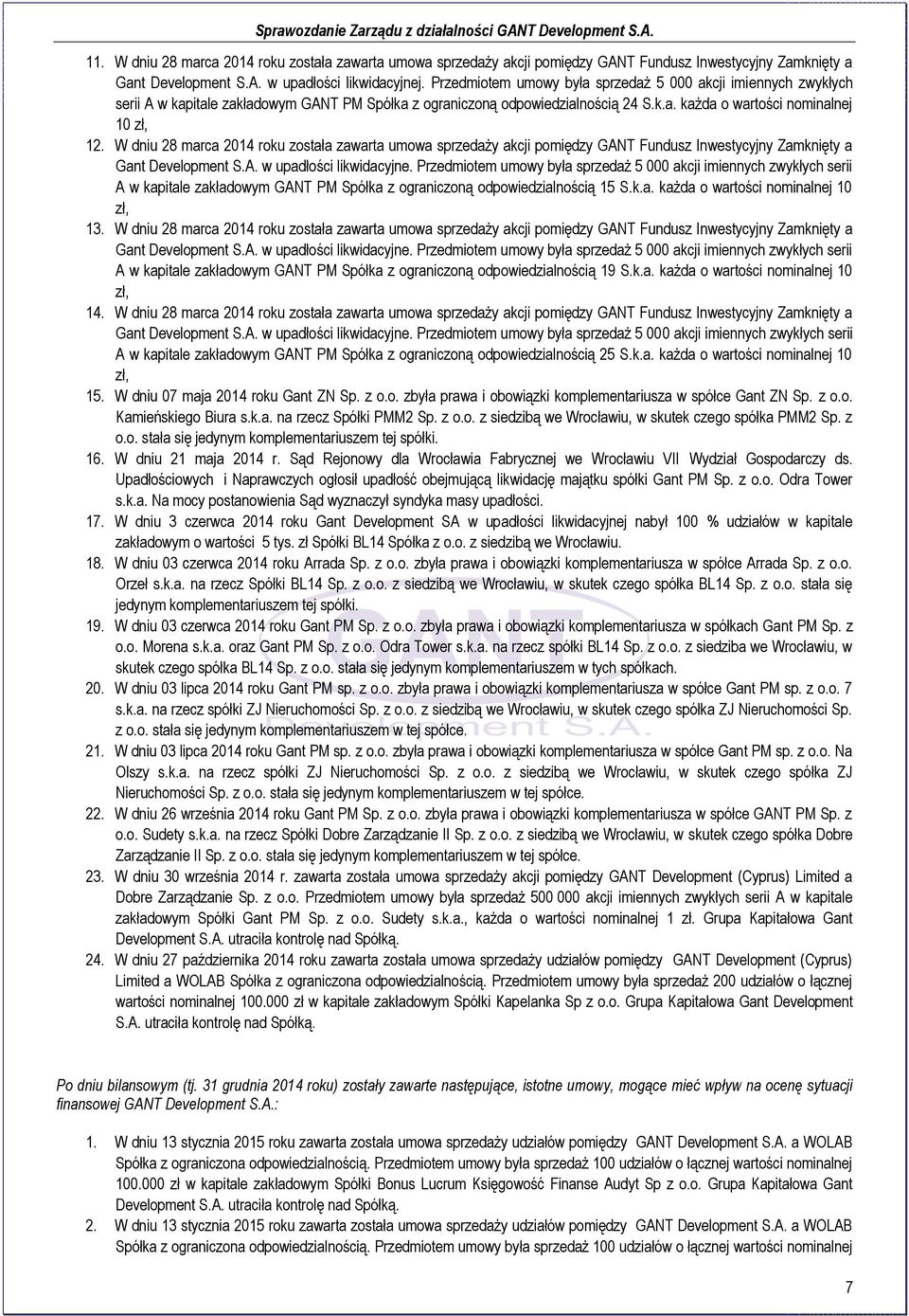 W dniu 28 marca 2014 roku została zawarta umowa sprzedaży akcji pomiędzy GANT Fundusz Inwestycyjny Zamknięty a Gant Development S.A. w upadłości likwidacyjne.