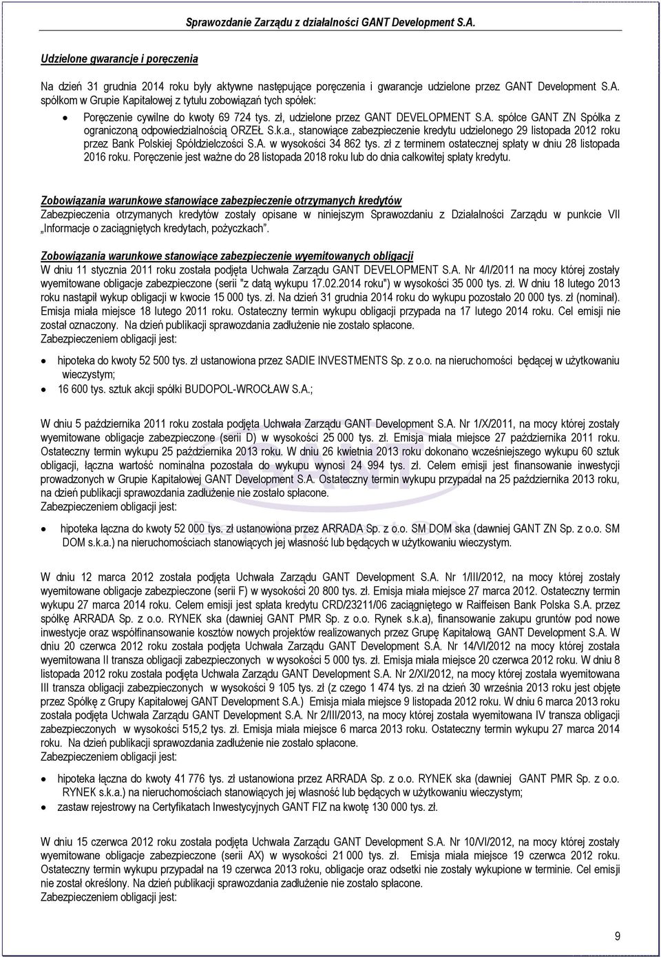 k.a., stanowiące zabezpieczenie kredytu udzielonego 29 listopada 2012 roku przez Bank Polskiej Spółdzielczości S.A. w wysokości 34 862 tys.