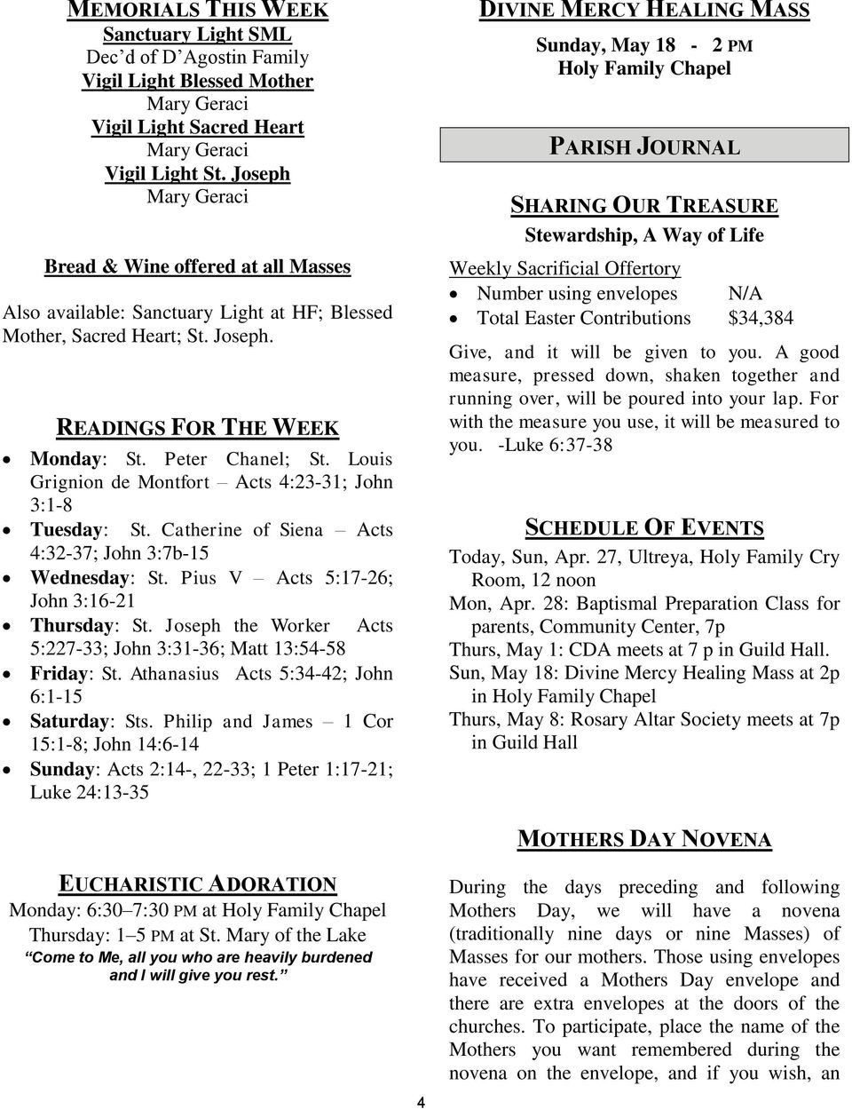 Louis Grignion de Montfort Acts 4:23-31; John 3:1-8 Tuesday: St. Catherine of Siena Acts 4:32-37; John 3:7b-15 Wednesday: St. Pius V Acts 5:17-26; John 3:16-21 Thursday: St.