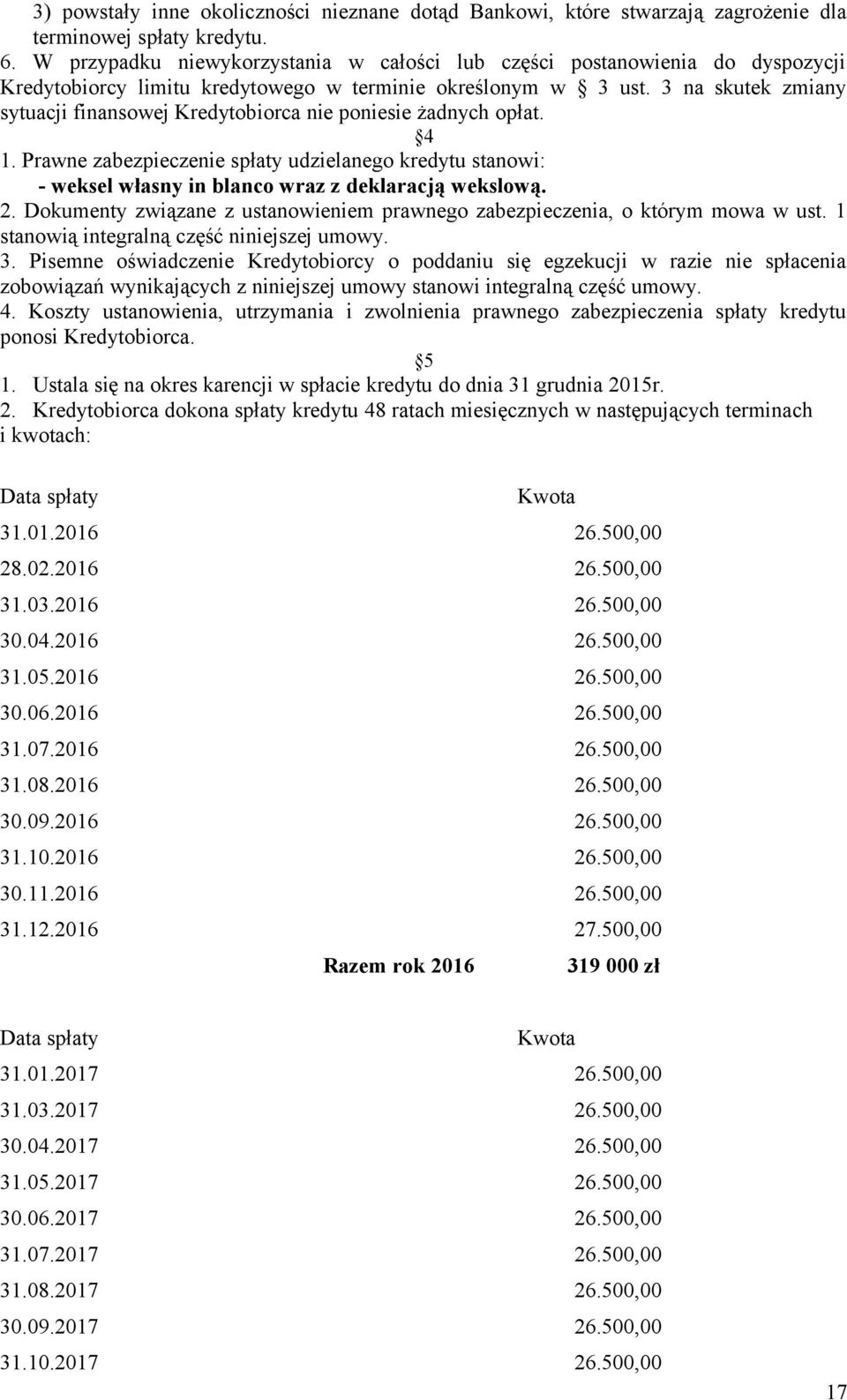 3 na skutek zmiany sytuacji finansowej Kredytobiorca nie poniesie żadnych opłat. 4 1. Prawne zabezpieczenie spłaty udzielanego kredytu stanowi: - weksel własny in blanco wraz z deklaracją wekslową. 2.