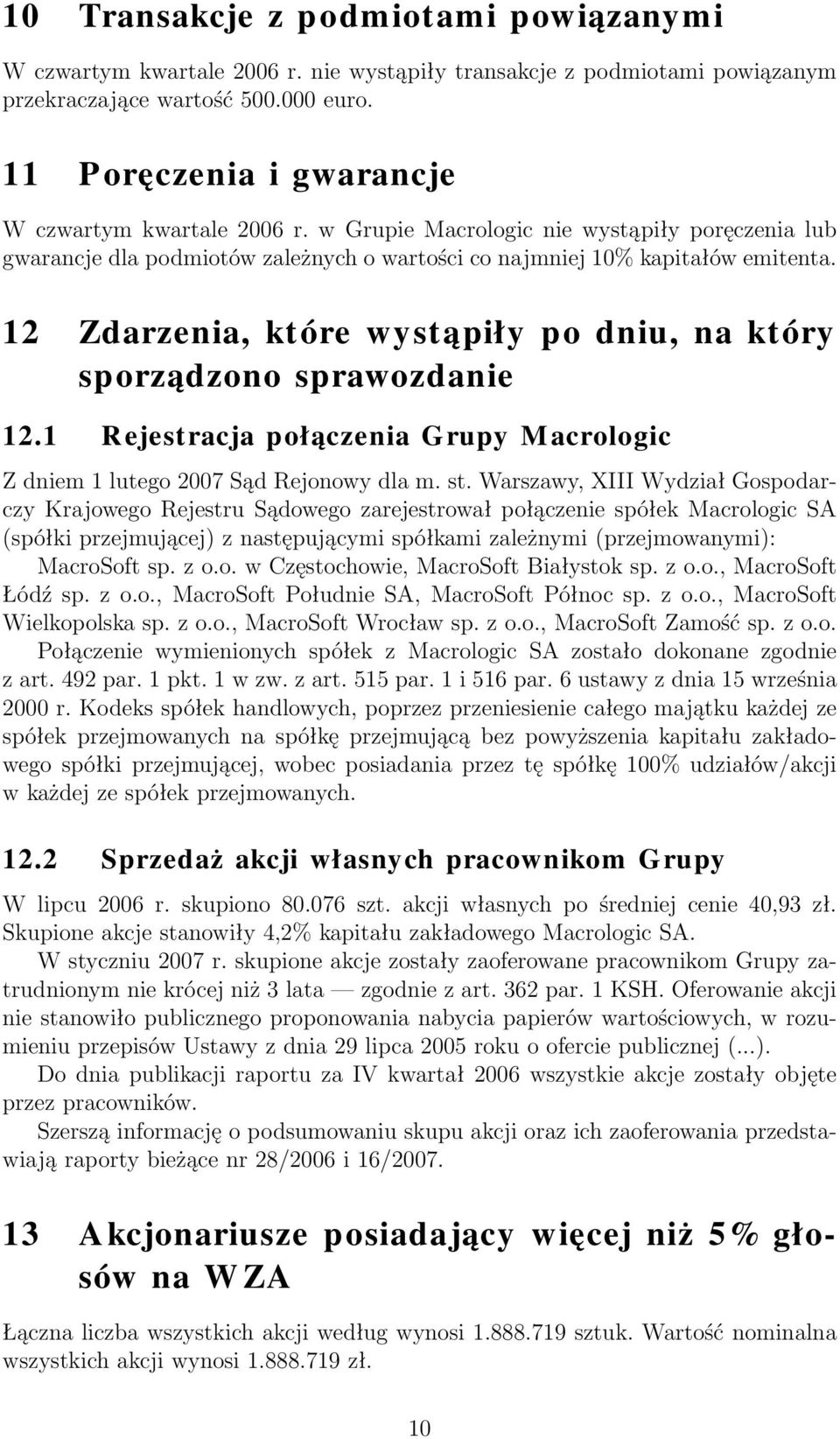 12 Zdarzenia, które wystąpiły po dniu, na który sporządzono sprawozdanie 12.1 Rejestracja połączenia Grupy Macrologic Z dniem 1 lutego 2007 Sąd Rejonowy dla m. st.