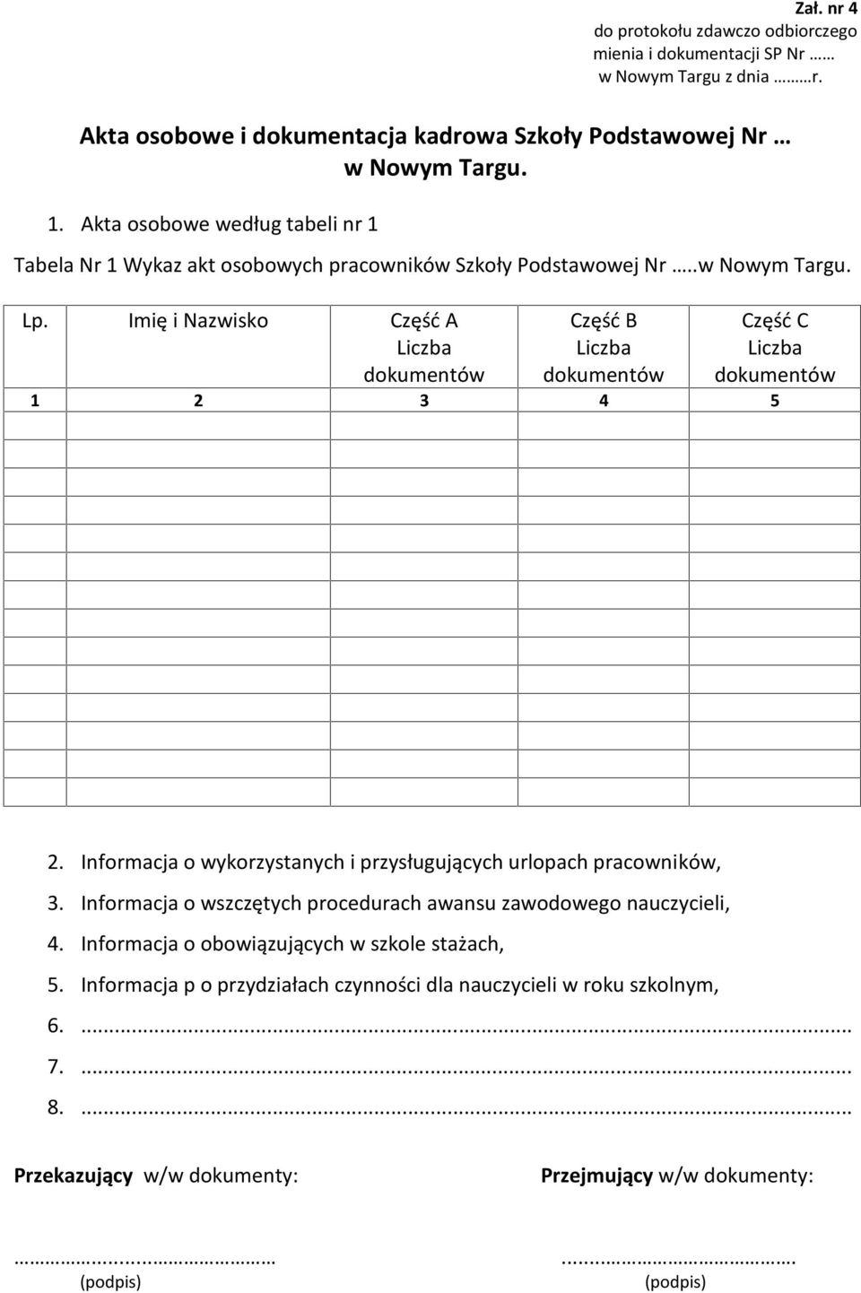 Imię i Nazwisko Część A Liczba dokumentów Część B Liczba dokumentów Część C Liczba dokumentów 1 2 3 4 5 2. Informacja o wykorzystanych i przysługujących urlopach pracowników, 3.