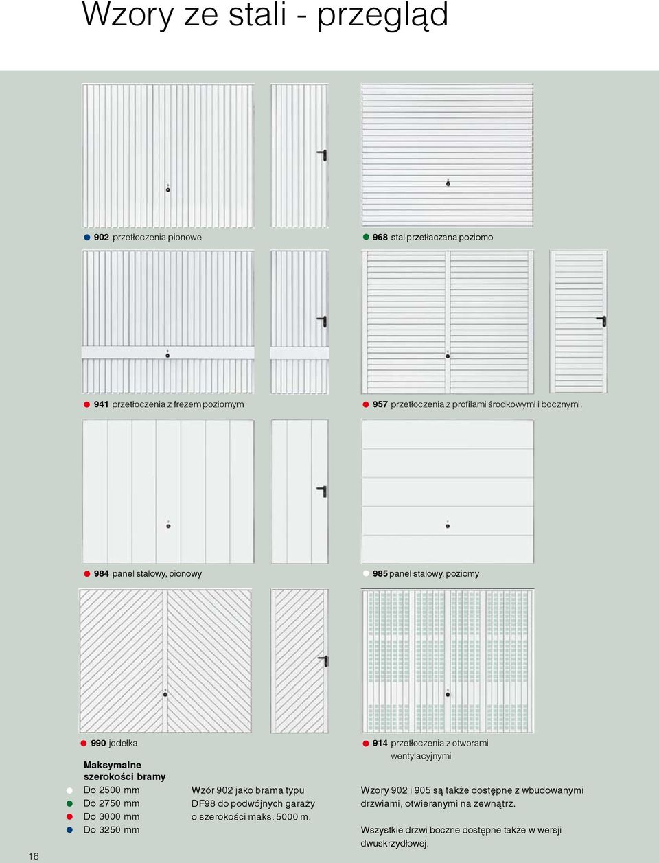 984 panel stalowy, pionowy 985 panel stalowy, poziomy 16 990 jodełka Maksymalne szerokości bramy Do 2500 mm Do 2750 mm Do 3000 mm Do 3250 mm