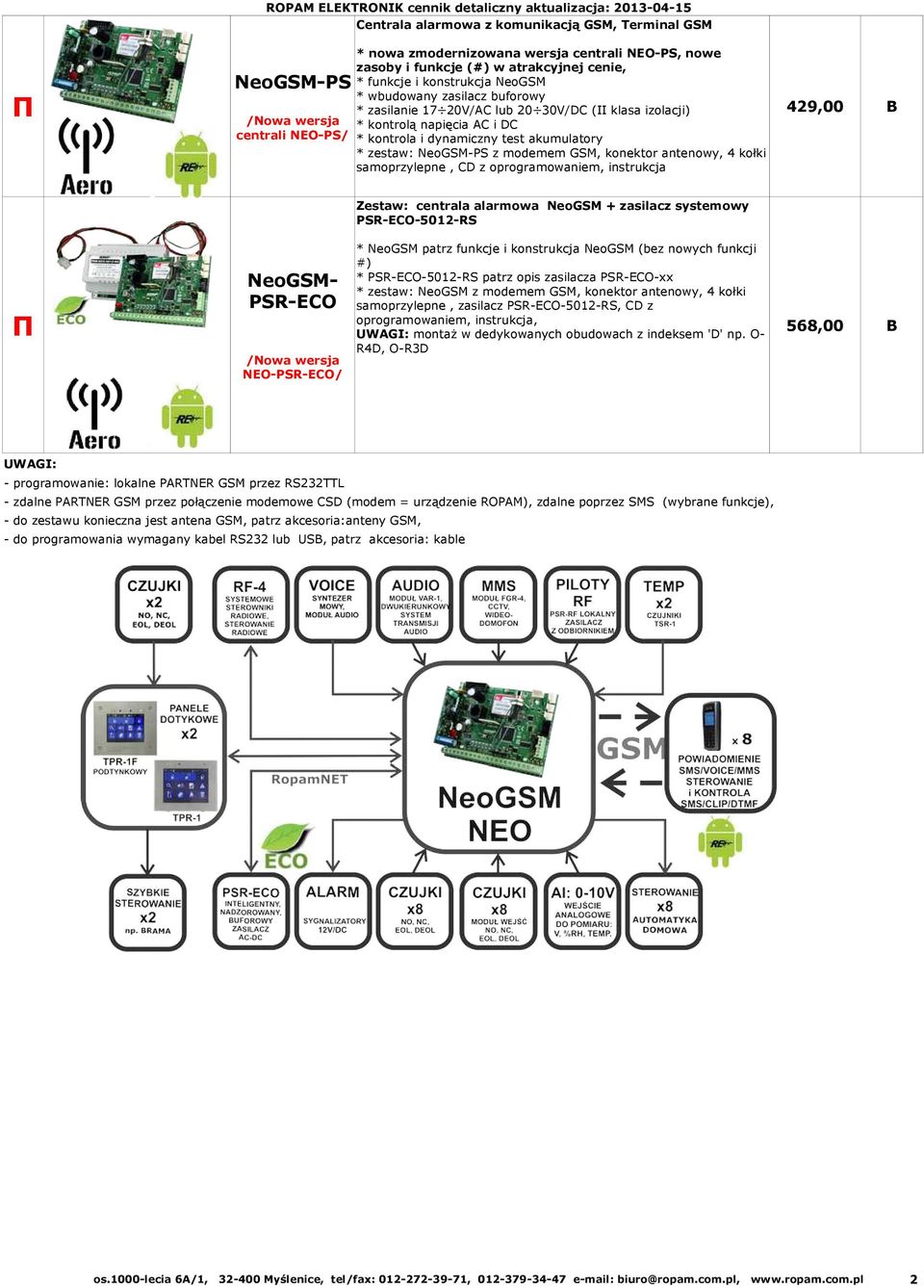 DC * kontrola i dynamiczny test akumulatory * zestaw: NeoGSM-PS z modemem GSM, konektor antenowy, 4 kołki samoprzylepne, CD z oprogramowaniem, instrukcja NeoGSM- PSR-ECO Π oprogramowaniem,
