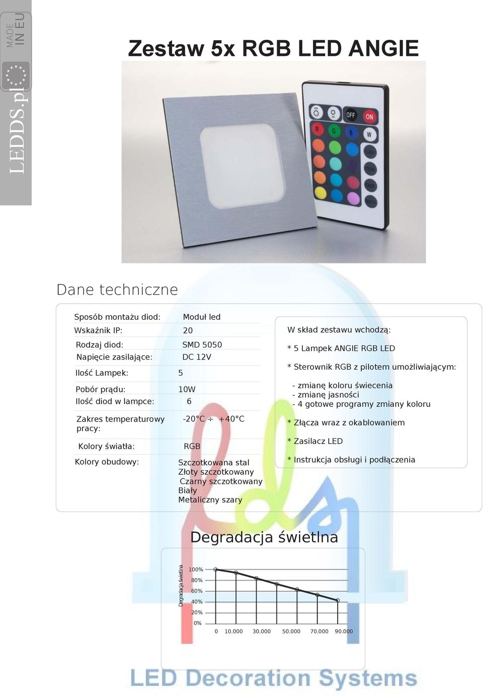 lampce: 6 RGB W skład zestawu wchodzą: * 5 Lampek ANGIE RGB LED * Sterownik RGB z pilotem