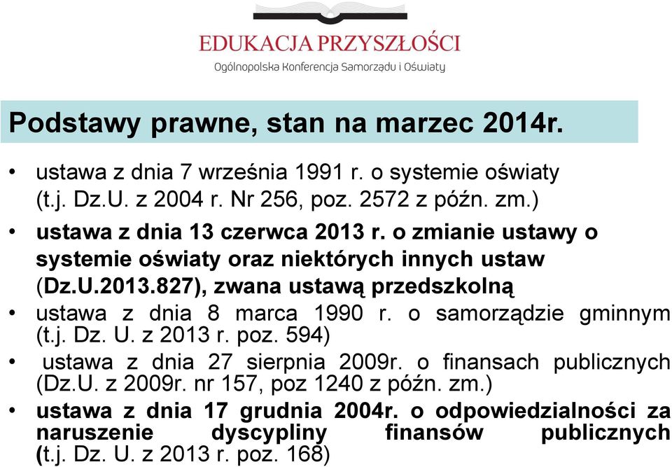 o samorządzie gminnym (t.j. Dz. U. z 2013 r. poz. 594) ustawa z dnia 27 sierpnia 2009r. o finansach publicznych (Dz.U. z 2009r.