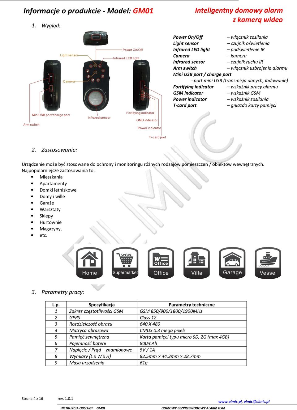 Arm switch włącznik uzbrojenia alarmu Mini USB port / charge port - port mini USB (transmisja danych, ładowanie) Fortifying indicator wskaźnik pracy alarmu GSM indicator wskaźnik GSM Power indicator