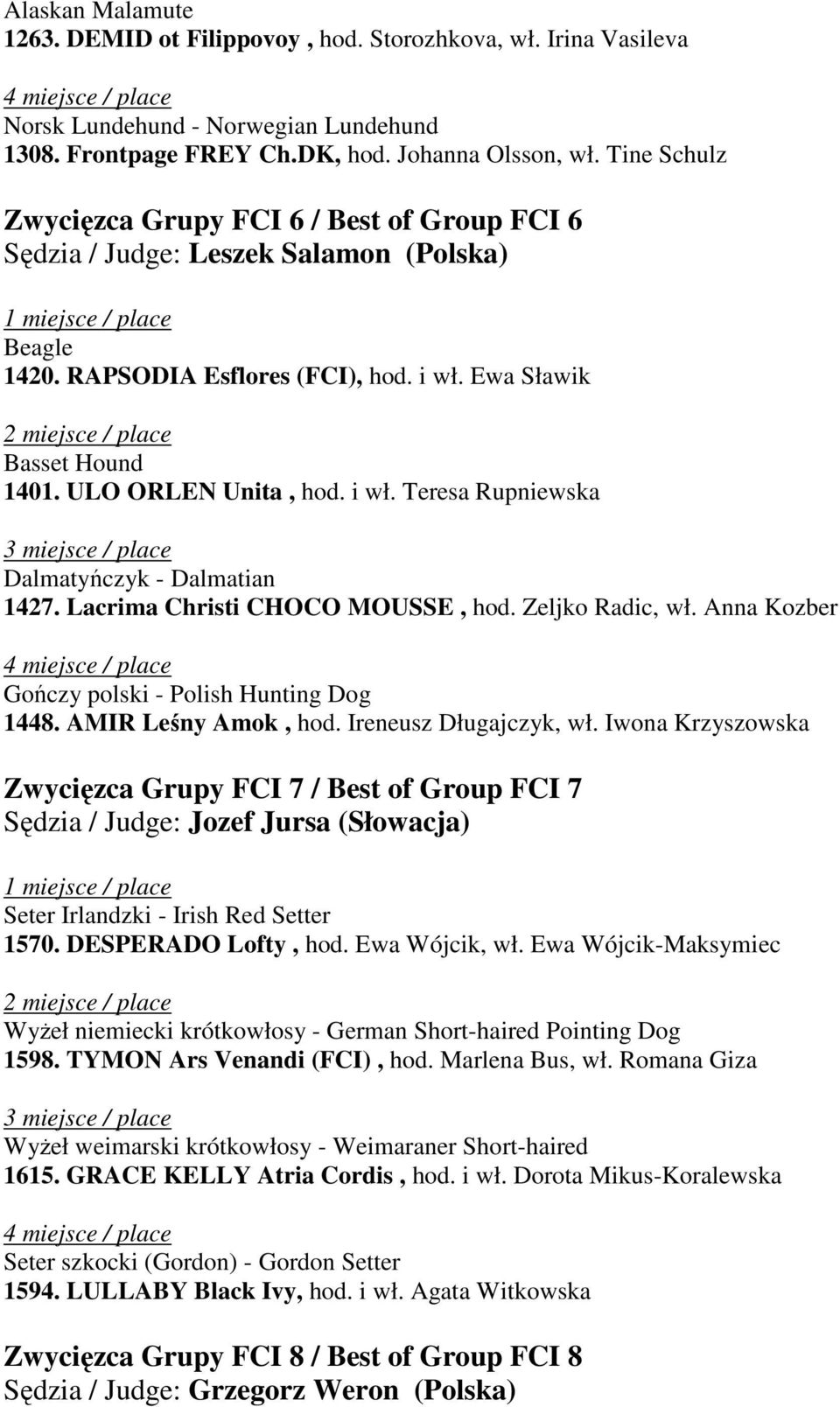 i wł. Teresa Rupniewska Dalmatyńczyk - Dalmatian 1427. Lacrima Christi CHOCO MOUSSE, hod. Zeljko Radic, wł. Anna Kozber Gończy polski - Polish Hunting Dog 1448. AMIR Leśny Amok, hod.