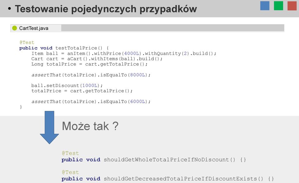 gettotalprice(); assertthat(totalprice).isequalto(8000l); ball.setdiscount(1000l); totalprice = cart.