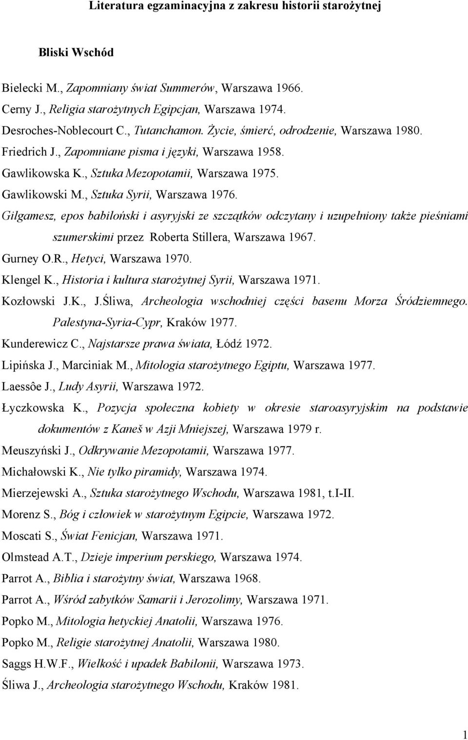 Gawlikowski M., Sztuka Syrii, Warszawa 1976. Gilgamesz, epos babiloński i asyryjski ze szczątków odczytany i uzupełniony także pieśniami szumerskimi przez Roberta Stillera, Warszawa 1967. Gurney O.R., Hetyci, Warszawa 1970.