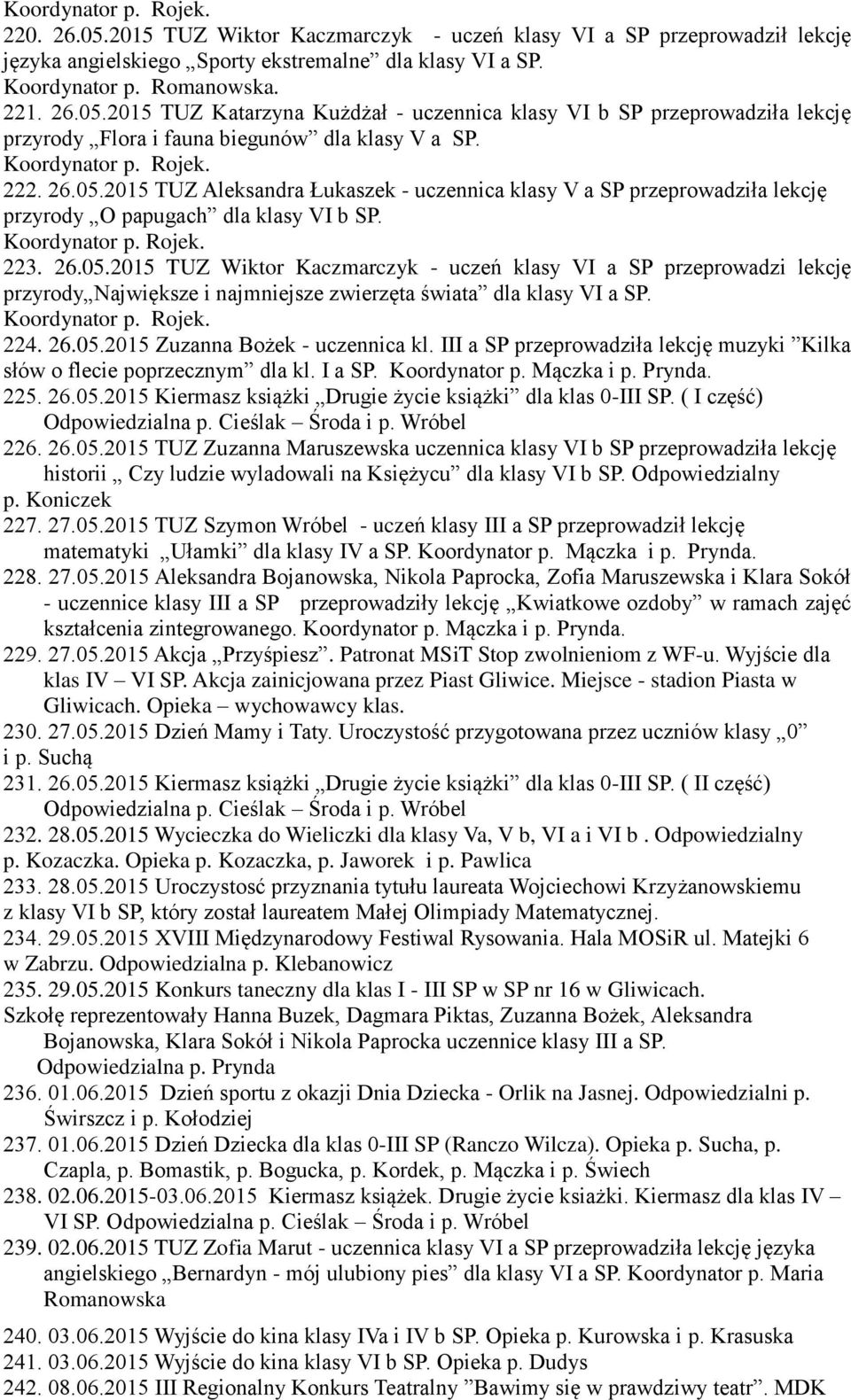 Koordynator p. Rojek. 224. 26.05.2015 Zuzanna Bożek - uczennica kl. III a SP przeprowadziła lekcję muzyki Kilka słów o flecie poprzecznym dla kl. I a SP. Koordynator p. Mączka i p. Prynda. 225. 26.05.2015 Kiermasz książki Drugie życie książki dla klas 0-III SP.