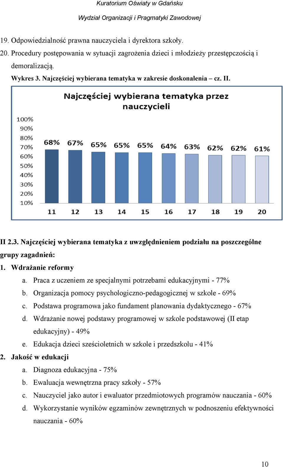 Praca z uczeniem ze specjalnymi potrzebami edukacyjnymi - 77% b. Organizacja pomocy psychologiczno-pedagogicznej w szkole - 69% c. Podstawa programowa jako fundament planowania dydaktycznego - 67% d.