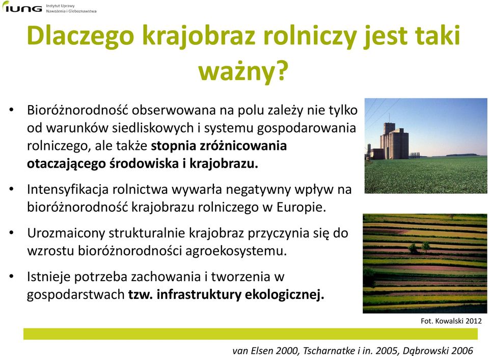 otaczającego środowiska i krajobrazu. Intensyfikacja rolnictwa wywarła negatywny wpływ na bioróżnorodność krajobrazu rolniczego w Europie.