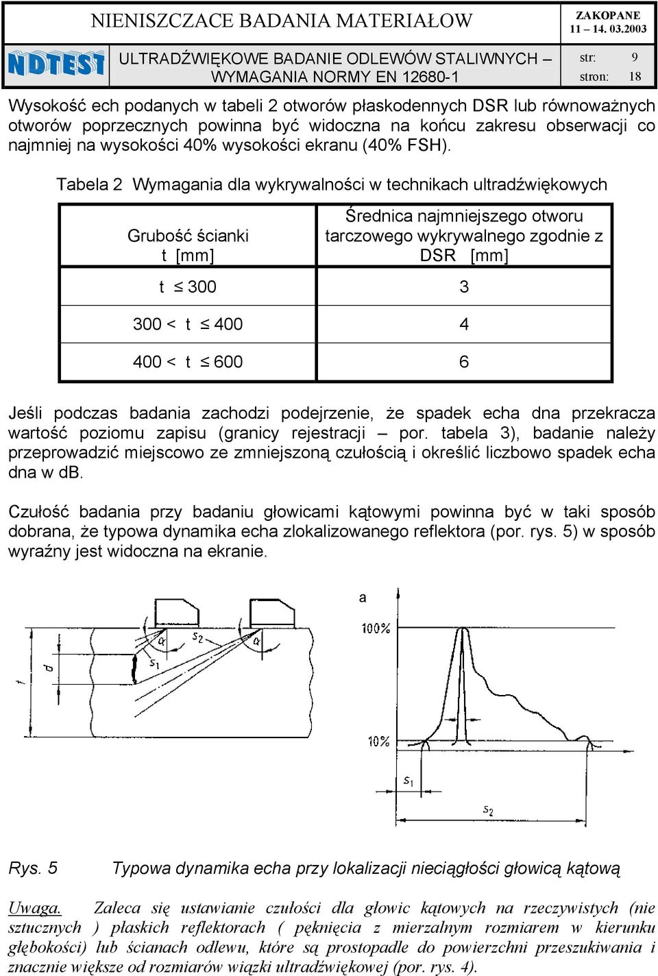 zchodzi podejrzenie, że spdek ech dn przekrcz wrtość poziomu zpisu (grnicy rejestrcji por. tel 3), dnie nleży przeprowdzić miejscowo ze zmniejszoną czułością i określić liczowo spdek ech dn w db.