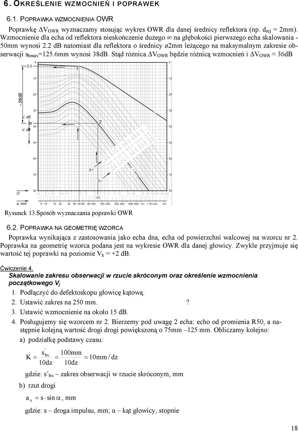 2 db natomiast dla reflektora o średnicy ø2mm leżącego na maksymalnym zakresie obserwacji s bmax =125.6mm wynosi 38dB. Stąd różnica V OWR będzie różnicą wzmocnień i V OWR 36dB Rysunek 13.