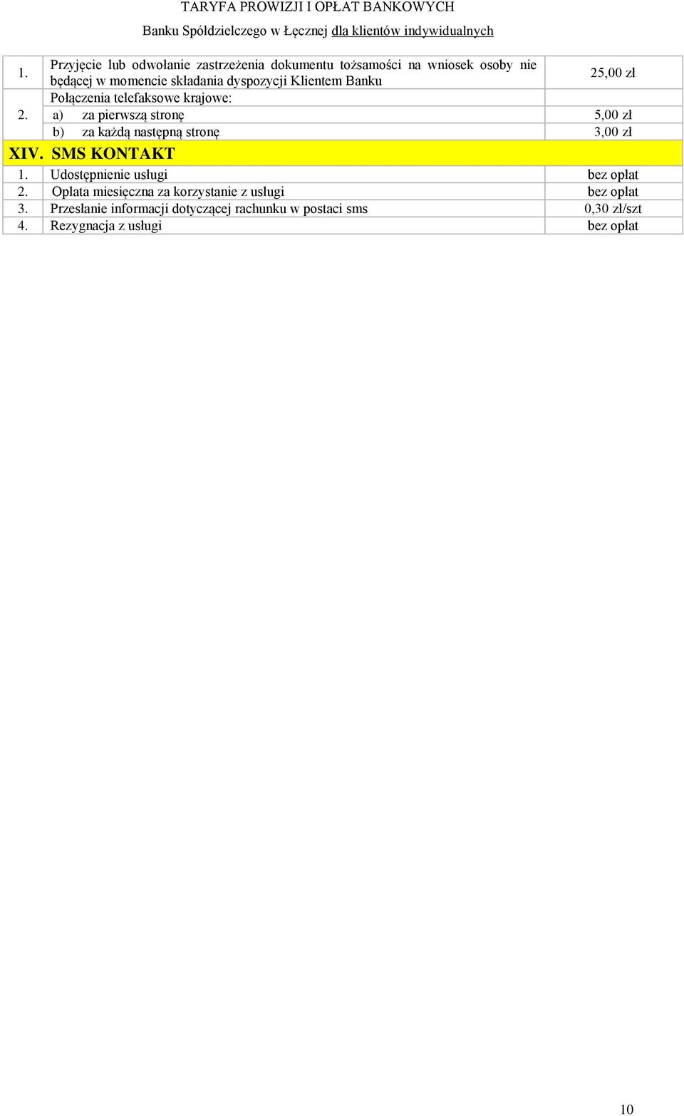 każdą następną stronę 3,00 zł XIV. SMS KONTAKT 1. Udostępnienie usługi bez opłat 2.