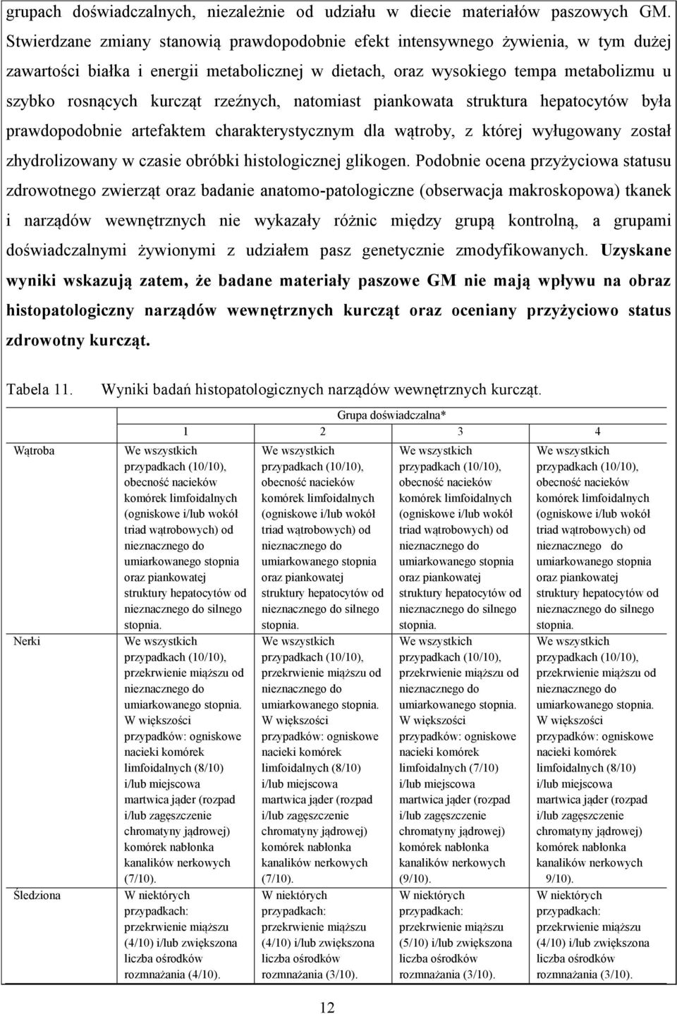 rzeźnych, natomiast piankowata struktura hepatocytów była prawdopodobnie artefaktem charakterystycznym dla wątroby, z której wyługowany został zhydrolizowany w czasie obróbki histologicznej glikogen.