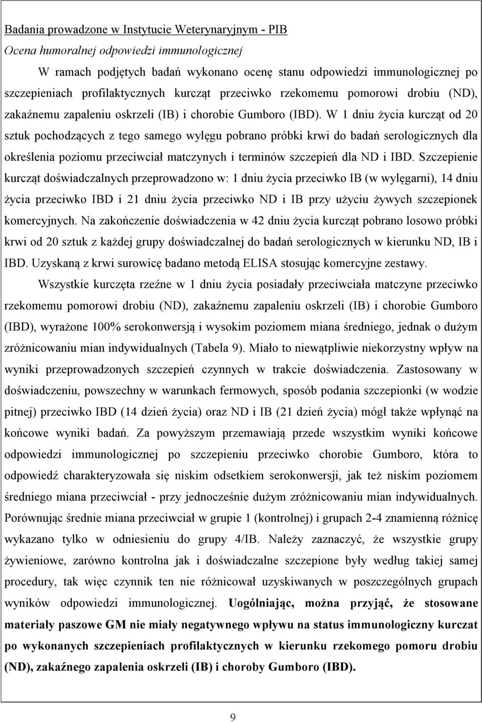 W 1 dniu życia kurcząt od 20 sztuk pochodzących z tego samego wylęgu pobrano próbki krwi do badań serologicznych dla określenia poziomu przeciwciał matczynych i terminów szczepień dla ND i IBD.