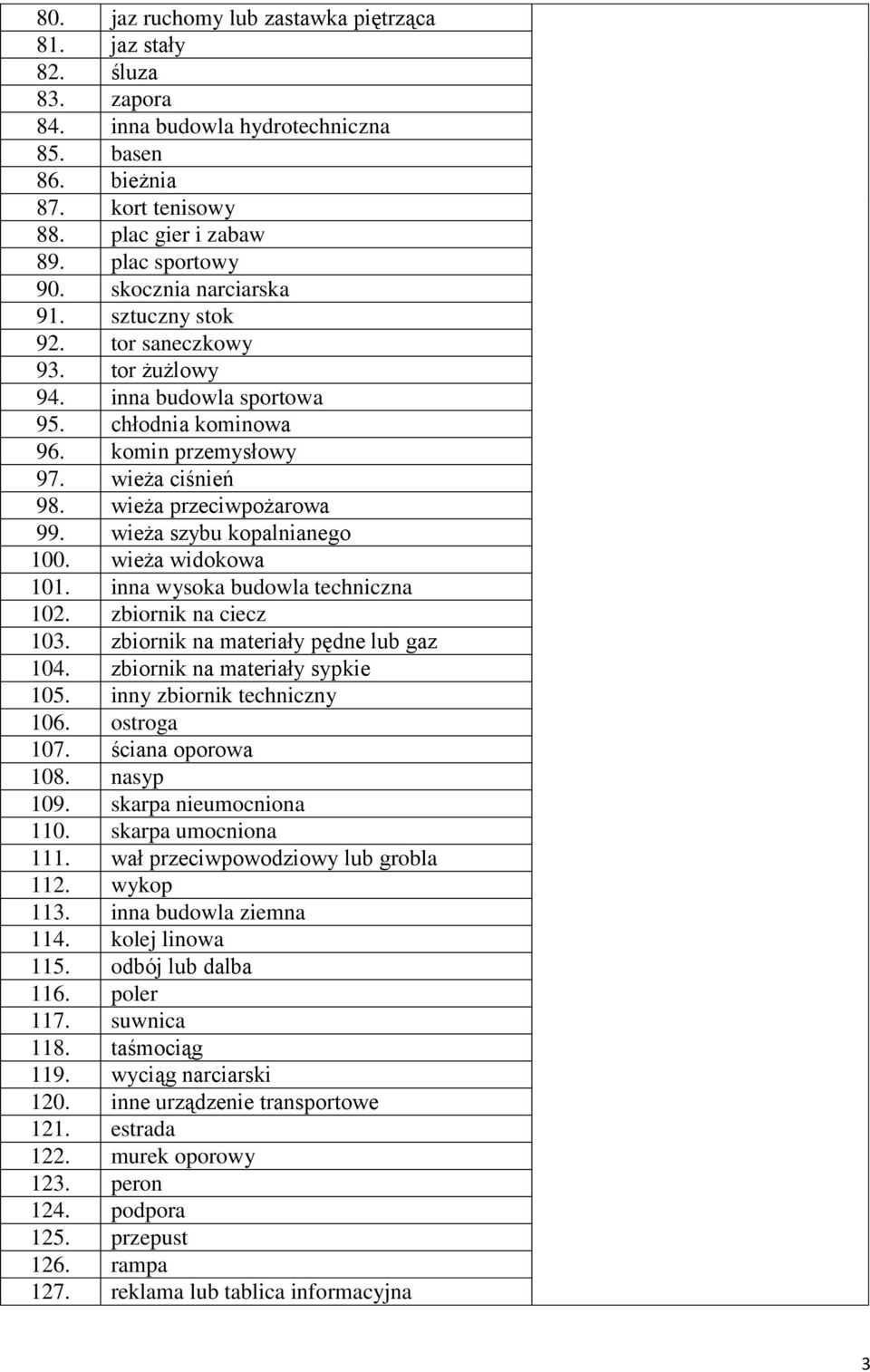 wieża szybu kopalnianego 100. wieża widokowa 101. inna wysoka budowla techniczna 102. zbiornik na ciecz 103. zbiornik na materiały pędne lub gaz 104. zbiornik na materiały sypkie 105.