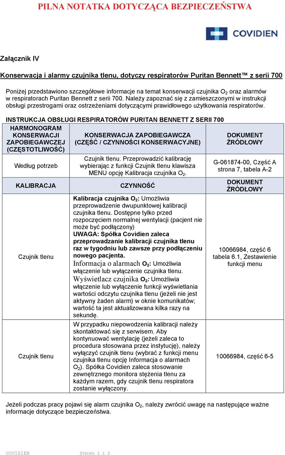 INSTRUKCJA OBSŁUGI RESPIRATORÓW PURITAN BENNETT Z SERII 700 HARMONOGRAM KONSERWACJI KONSERWACJA ZAPOBIEGAWCZA ZAPOBIEGAWCZEJ (CZĘŚĆ / CZYNNOŚCI KONSERWACYJNE) (CZĘSTOTLIWOŚĆ) Według potrzeb