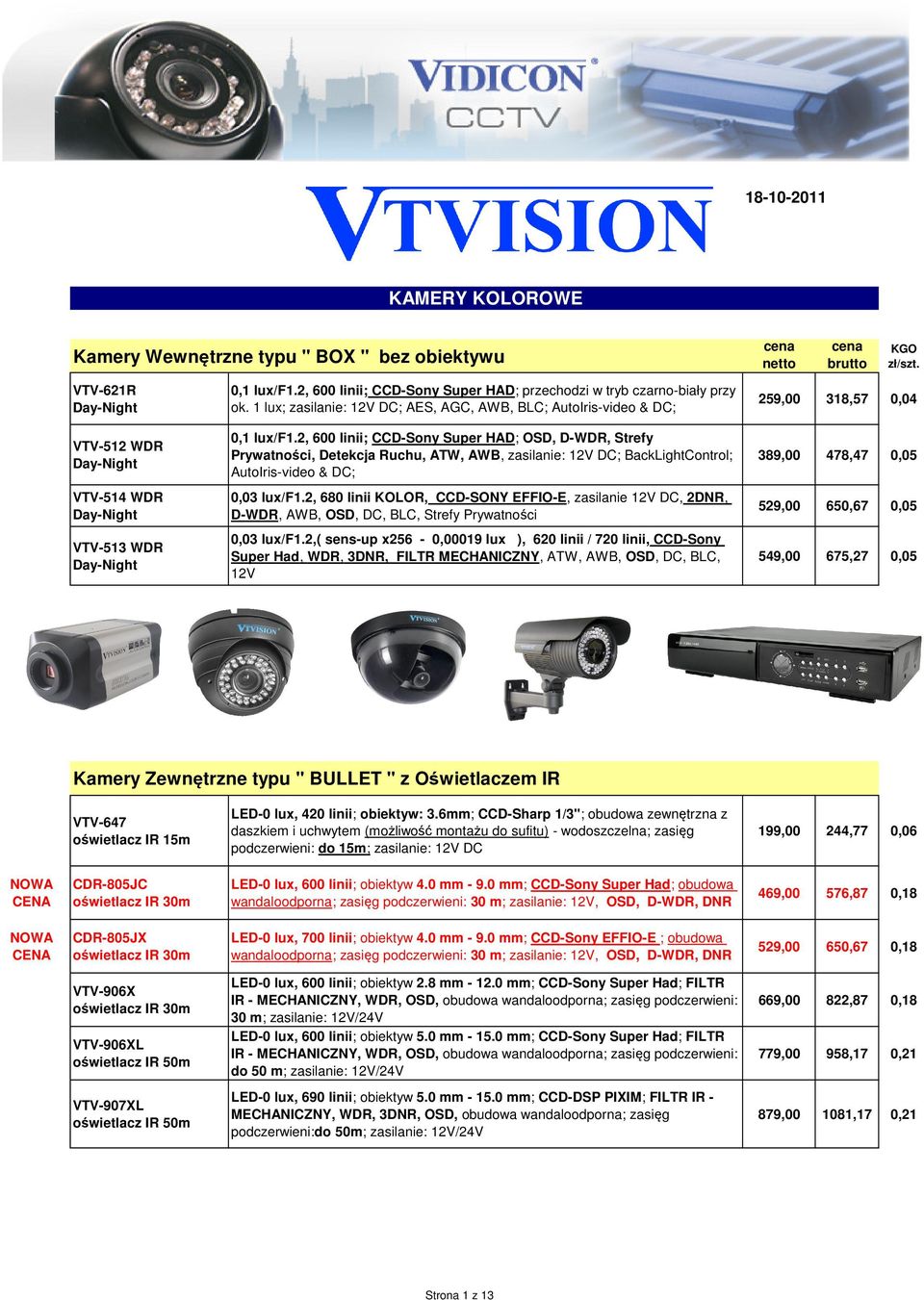 2, 600 linii; CCD-Sony Super HAD; OSD, D-WDR, Strefy Prywatności, Detekcja Ruchu, ATW, AWB, zasilanie: 12V DC; BackLightControl; AutoIris-video & DC; 389,00 478,47 0,05 VTV-514 WDR Day-Night 0,03