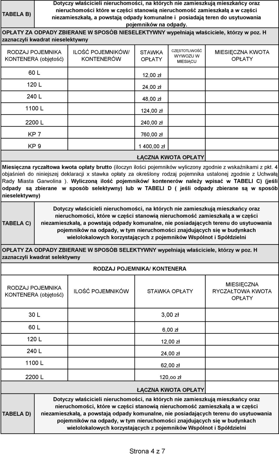 H zaznaczyli kwadrat nieselektywny ILOŚĆ POJEMNIKÓW/ KONTENERÓW STAWKA CZĘSTOTLIWOŚĆ WYWOZU W MIESIĄCU MIESIĘCZNA KWOTA 48,00 zł 1 2200 L 240,00 zł KP 7 760,00 zł KP 9 1 400,00 zł ŁĄCZNA KWOTA