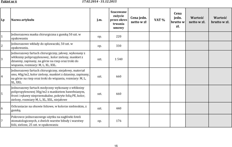 w Jednorazowy fartuch chirurgiczny, jałowy, wykonany z włókniny polipropylenowej, kolor zielony, mankiet z dzianiny, zapinany, na górze na rzep oraz troki do wiązania, rozmiary: M, L, XL, XXL.