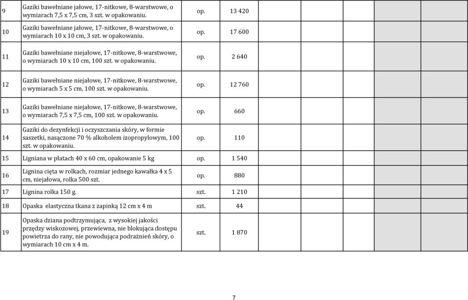 2 640 12 Gaziki bawełniane niejałowe, 17-nitkowe, 8-warstwowe, o wymiarach 5 x 5 cm, 100 szt. w op.