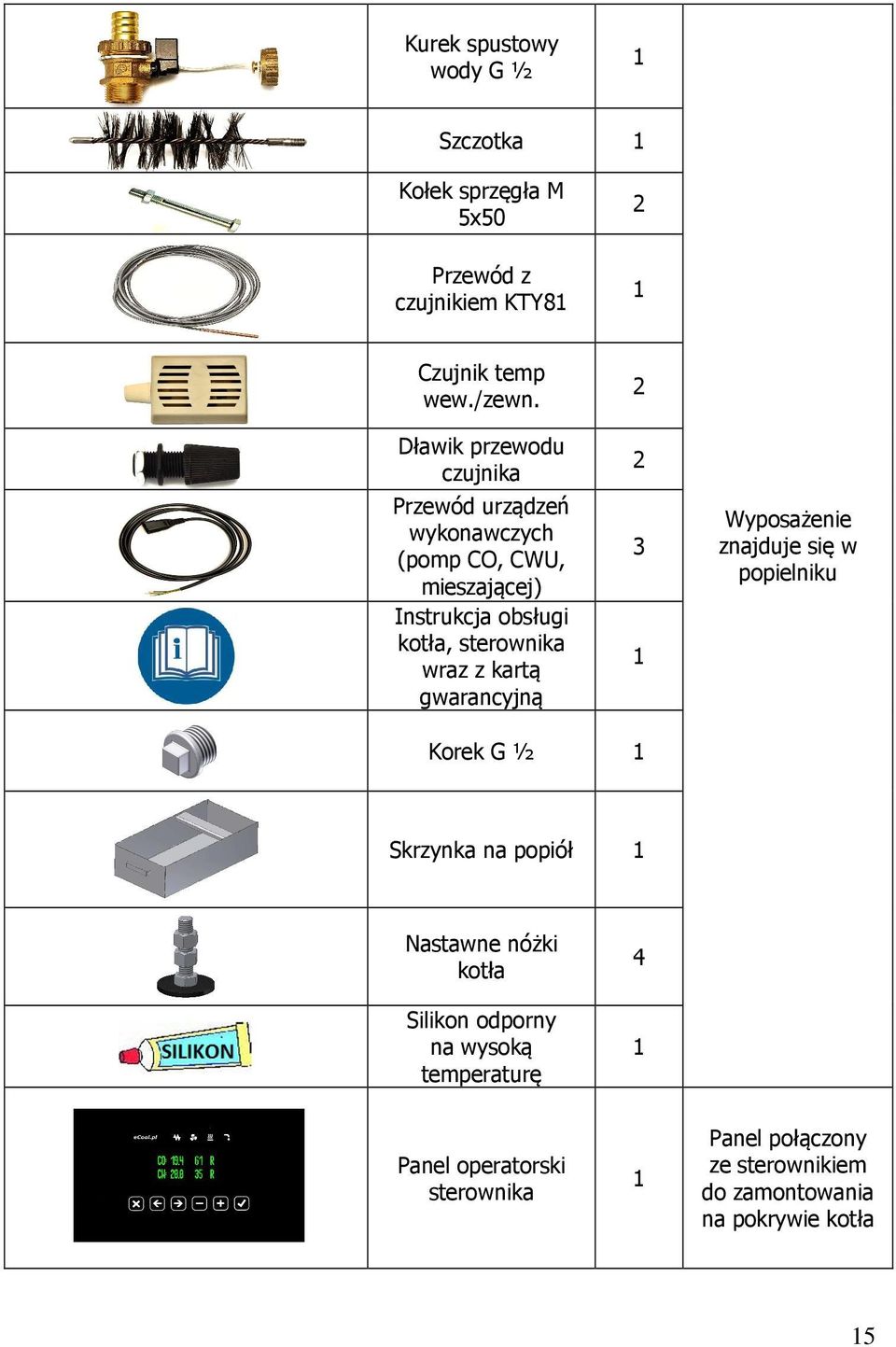 z kartą gwarancyjną 2 2 3 1 Wyposażenie znajduje się w popielniku Korek G ½ 1 Skrzynka na popiół 1 Nastawne nóżki kotła